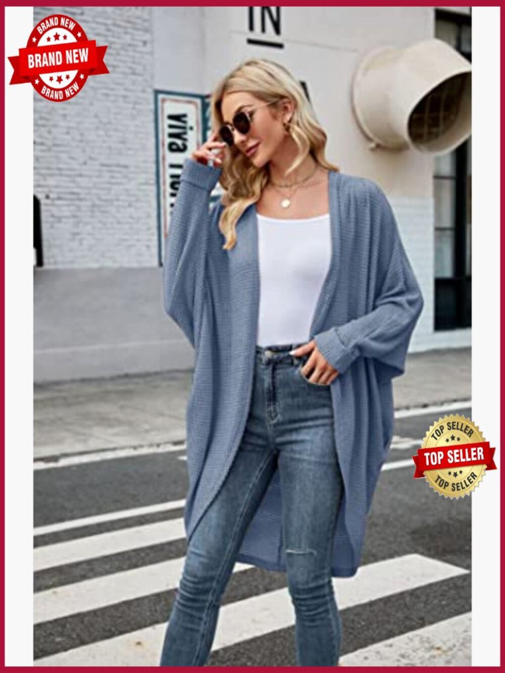 Chunky Waffle Knit Oversized Open Front Cardigan with Pockets - Picture 4 of 7